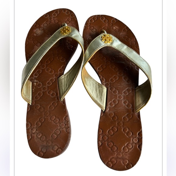 Tory Burch Thora Metallic Gold Thong Flat Sandals Size 9 - Picture 2 of 6